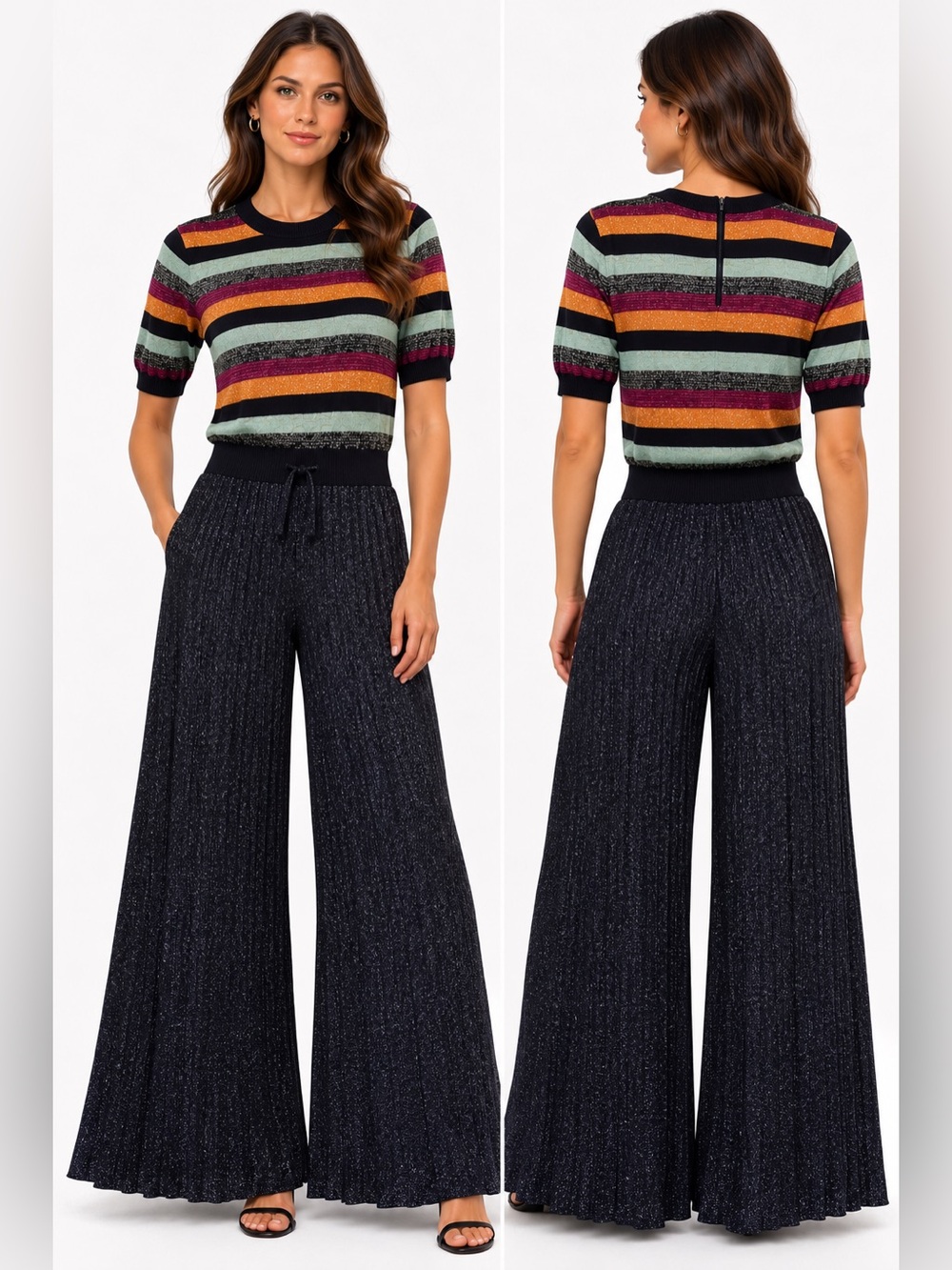 Scotch & Soda Multicolor Striped Knit Top with Black Wide-Leg Jumpsuit Pants